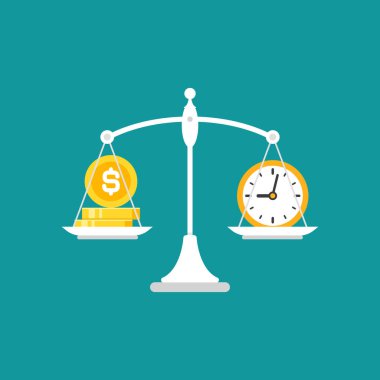 Dolarlık bozuk para ve tavada saat olan beyaz mekanik teraziler. Zaman ve para dengesi. Adalet, hukuk terazisi. Mavi arkaplanda vektör illüstrasyonu.