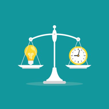 Tavada ampul ve saat olan beyaz mekanik teraziler. Fikir değeri, çözüm ve giderlerin dengesi. Adalet, hukuk terazisi. Mavi arkaplanda vektör illüstrasyonu.