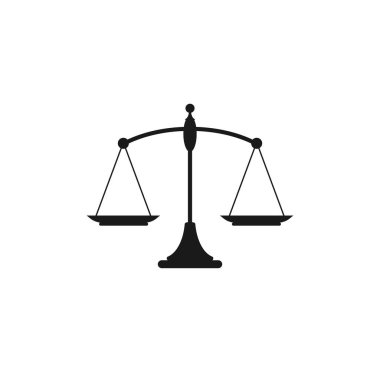 Siyah mekanik ölçekler beyaz üzerine izole edilmiş denge simgesi. Adalet, hukuk terazisi. Vektör illüstrasyonu.