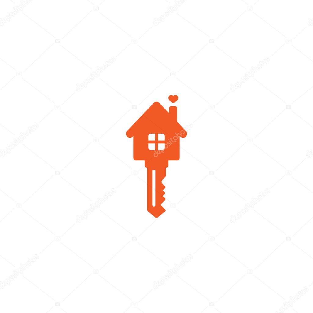 Key with home icon. Vector illustration isolated on white. Home, house, flat, estate symbol. Vector building symbol. friendly house. Home sweet home