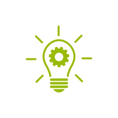 Dişli düz ikonlu yeşil ampul. Beyazda izole edilmiş. Yeni bir iş fikri. Yeni teknoloji. Eko fikir. Tasarım düşüncesi. Vektör çizimi. Çevre dostu teknoloji. Bilgi.