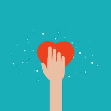 Mavi arka planda kırmızı kalpleri tutan. Dünya çapında çevrimiçi yardım ve destek kavramı. Hayırseverlik, hayırseverlik, ilk yardım, işbirliği, sevgi vermek. Düz vektör illüstrasyonu.