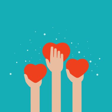 Mavi arka planda kırmızı kalpleri tutan eller. Dünya çapında çevrimiçi yardım ve destek kavramı. Hayırseverlik, hayırseverlik, ilk yardım, işbirliği, sevgi vermek. Düz vektör illüstrasyonu.