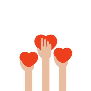 Eller beyaz arka planda kırmızı kalpleri tutuyor. Dünya çapında çevrimiçi yardım ve destek kavramı. Hayırseverlik, hayırseverlik, ilk yardım, işbirliği, sevgi vermek. Düz vektör illüstrasyonu.