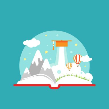 Retro hava balonu, bulutlar, havan topu ve mavi zemin üzerinde dağlar olan açık bir kitap. Vektör düz çizim. Sihirli peri masalı logosu. Hayal gücü ve ilham. Fantezi, yaratıcı, kış