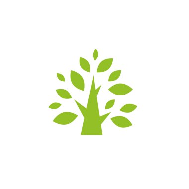 Keskin yaprakları beyaza ayrılmış yeşil düz bir ağaç. organik sembol. Doğal, taze, ekolojik logo. Vahşi doğa. Çevre günü logosu. Dünya günü ya da Ağaç Bayramı ikonu. Vektör çizimi. Klip sanatı