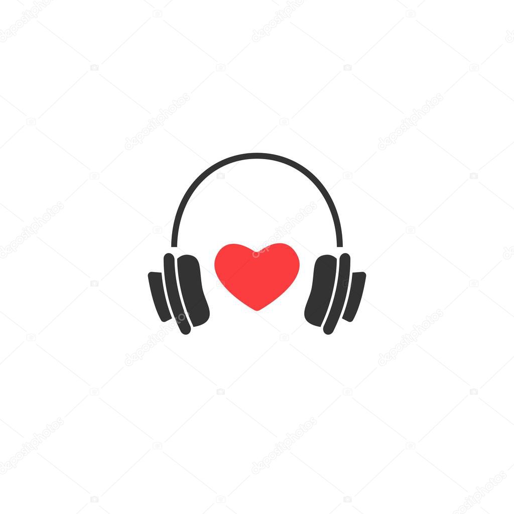 black headphones with red heart icon. Flat vector earphones isolated on white. Listen favorite misic sign. Love song, romantic radio logo.