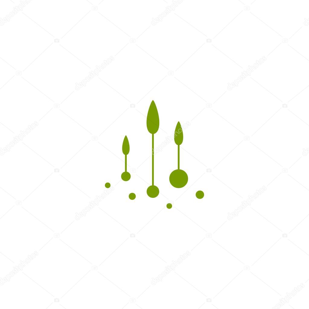Three Green sprouts, sprigs, raw with leaves and seeds. Icon Isolated on white. Growth symbol. Ecology, agriculture, nature, healthy organic and farm fresh food logo. Vector Illustration