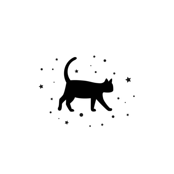 Black Cat Silhouette Stars Tinsels Icon Isolated White Vector Flat — Stock Vector