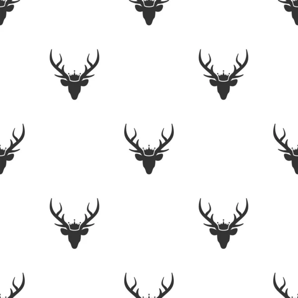 鹿头黑色轮廓 有皇家皇冠的无缝图案 白色背景的矢量扁平圣诞装饰品 — 图库矢量图片