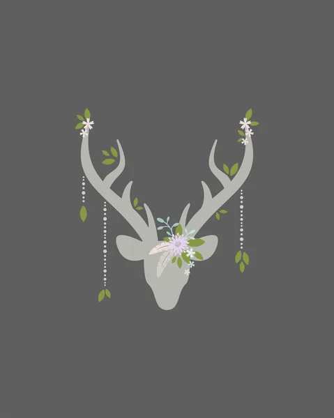 Beautiful Boho Card Silhouette Deer Head Antlers Feathers Flowers Green — Stock Vector