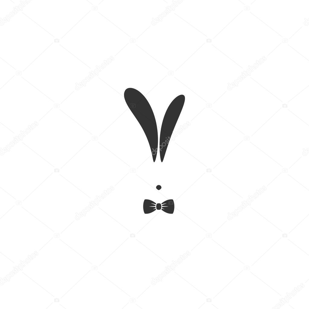 black flat rabbit avatar with gentleman bow tie isolated on white. Graphic rabbit. Retro party logo.