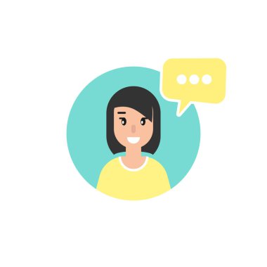 Mavi çemberde konuşma balonu olan mutlu bir kız. Konuşmak, sohbet mesajı, iletişim, kurye konsepti. Beyaz arkaplanda düz vektör çizimi. İpuçları ve renkler. Sorular ve cevaplar.