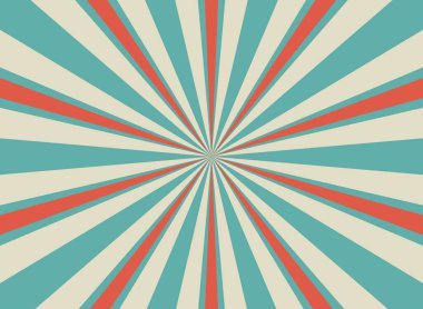 Güneş ışığı yatay arka plan. Soluk kırmızı, mavi, bej renkli arka plan patlaması. Vektör çizimi. Sihirli ışık, güneş ışını duvar kağıdı. Eski kağıt güneş patlaması. Sirk posteri, afiş