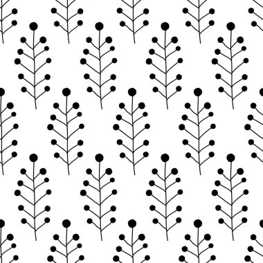 Siyah beyaz böğürtlen dallarıyla desensiz çiçek deseni. Dallı vektör illüstrasyonu. Kumaş ya da kağıda yazdırmak için mükemmel.