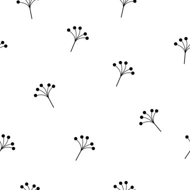 Siyah beyaz böğürtlen dallarıyla desensiz çiçek deseni. Dallı vektör illüstrasyonu. Kumaş ya da kağıda yazdırmak için mükemmel.