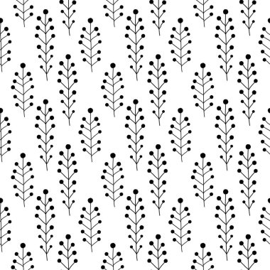 Siyah beyaz böğürtlen dallarıyla desensiz çiçek deseni. Dallı vektör illüstrasyonu. Kumaş ya da kağıda yazdırmak için mükemmel.