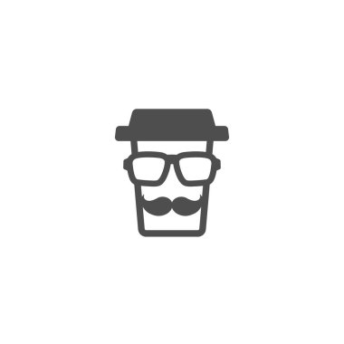 Şapkalı, hippi bardaklı ve bıyıklı bir kahve. Tek kullanımlık karton kahve. Kağıt kap simgesi maviye izole edildi. Vektör taslağı çizimi. Fast food, öğle yemeği dağıtım pikrogramı..