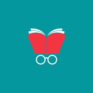Kırmızı kaplı, mavi arka planda kırmızı gözlüklü bir kitap. Düz okuma simgesi beyaza izole edildi. Vektör bilimi, bilgi çizimi. Eğitim logosu.