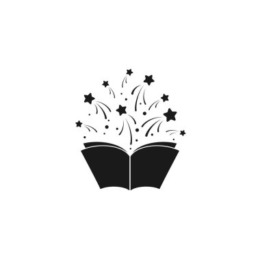 Yıldızlı ya da havai fişekli açık bir kitap. Beyaz arka planda izole edilmiş. Düz simge. Vektör çizimi. Sihirli, yaratıcı okuma logosu. Peri masalı çizimi. Çocuklar için kitap. Bilgi İşareti Gücü.