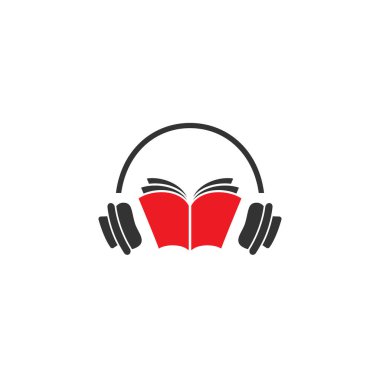 Audio book logo. red open book with headphones or headset on white background. Flat vector illustration. Internet education online logo. Study, learn online concept. Listen audio book. clipart