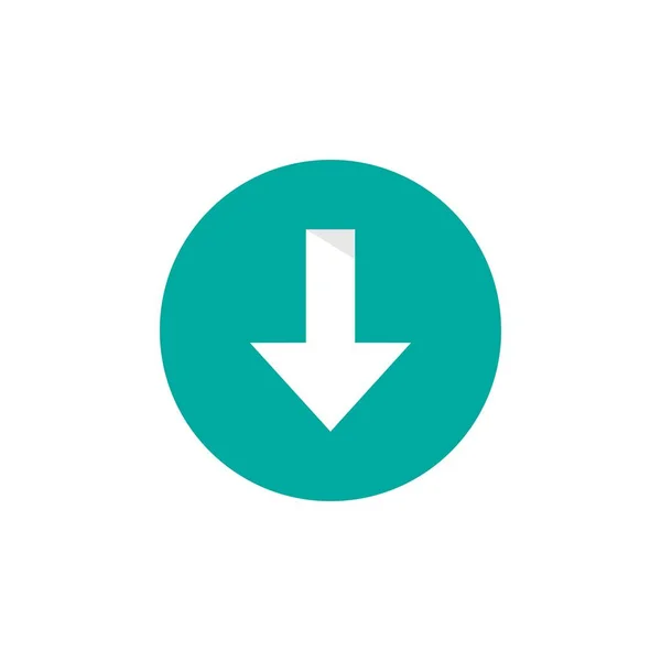 青い円のアイコンに白い鋭い矢印 ダウンロードサイン 白で隔離されてる ベクトルフラットボタン — ストックベクタ