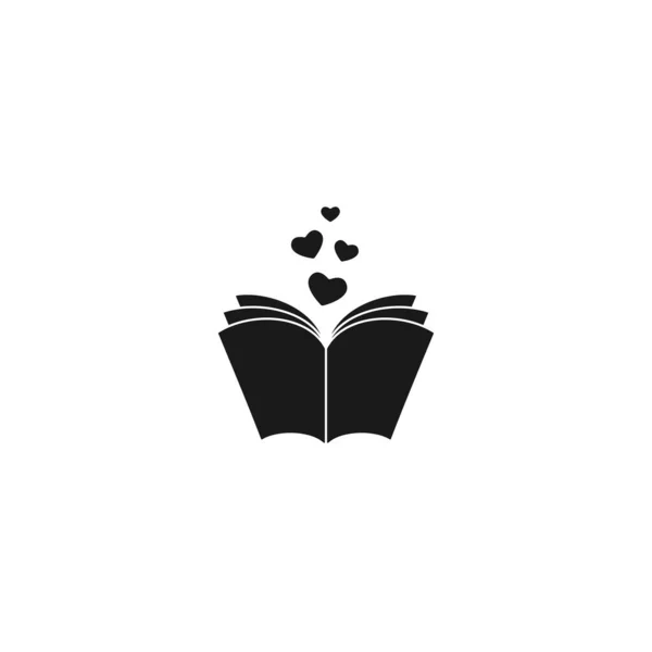 Sayfalar ve kalpler uçuşan açık bir kitap. Beyaz arka planda izole edilmiş. Bibliyofil düz ikon. Vektör çizimi. Logo okumayı seviyorum. Romantik kitap resimleri. Siyah ve beyaz.
