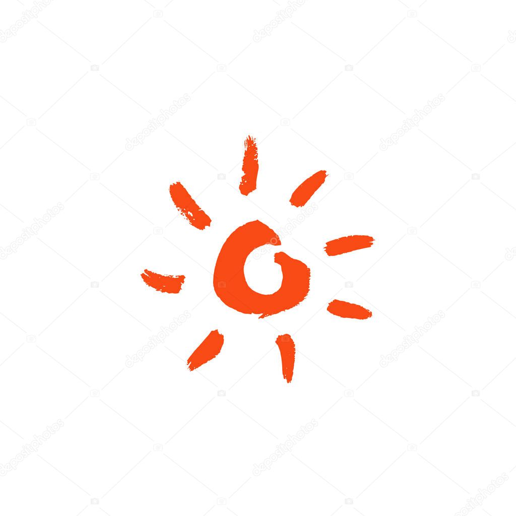 Bright hot sun. brush painted icon. Isolated on white. Hot summer weather. Vector illustration. Orange circle with orange petals.