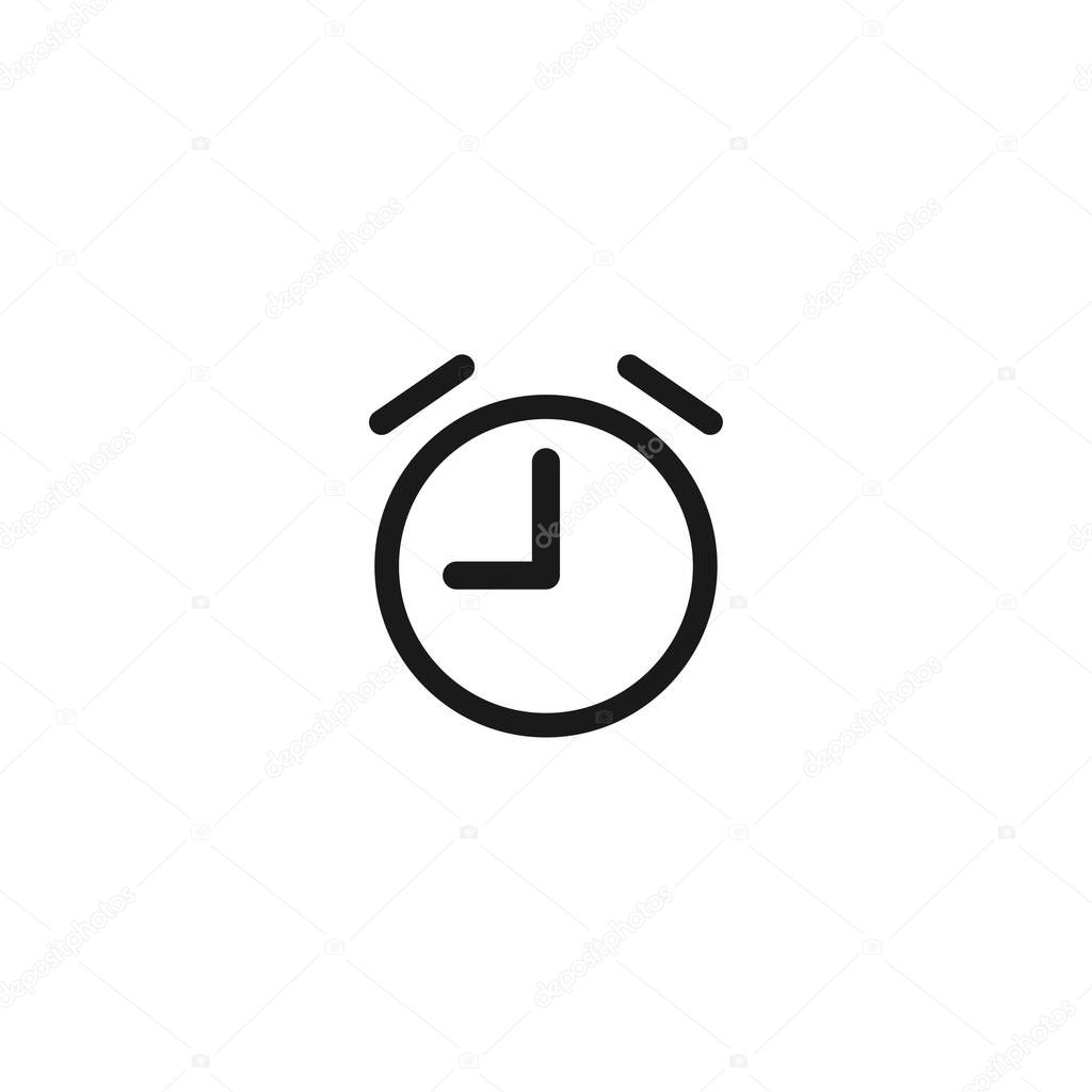 Alarm clock, wake-up time icon. Black clock with quarter. Flat icon isolated on white. Time pictogram.