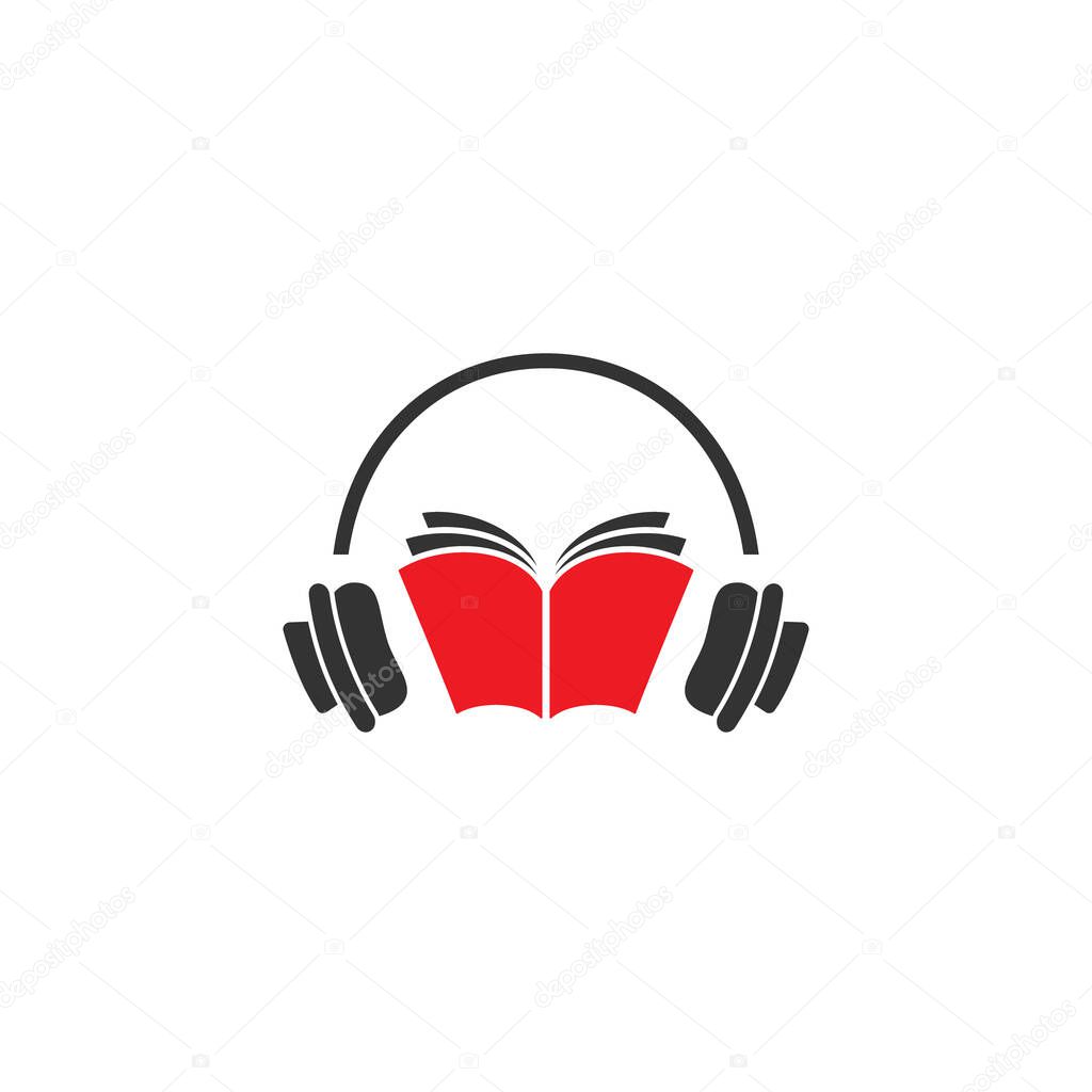 Audio book logo. red open book with headphones or headset on white background. Flat vector illustration. Internet education online logo. Study, learn online concept. Listen audio book.