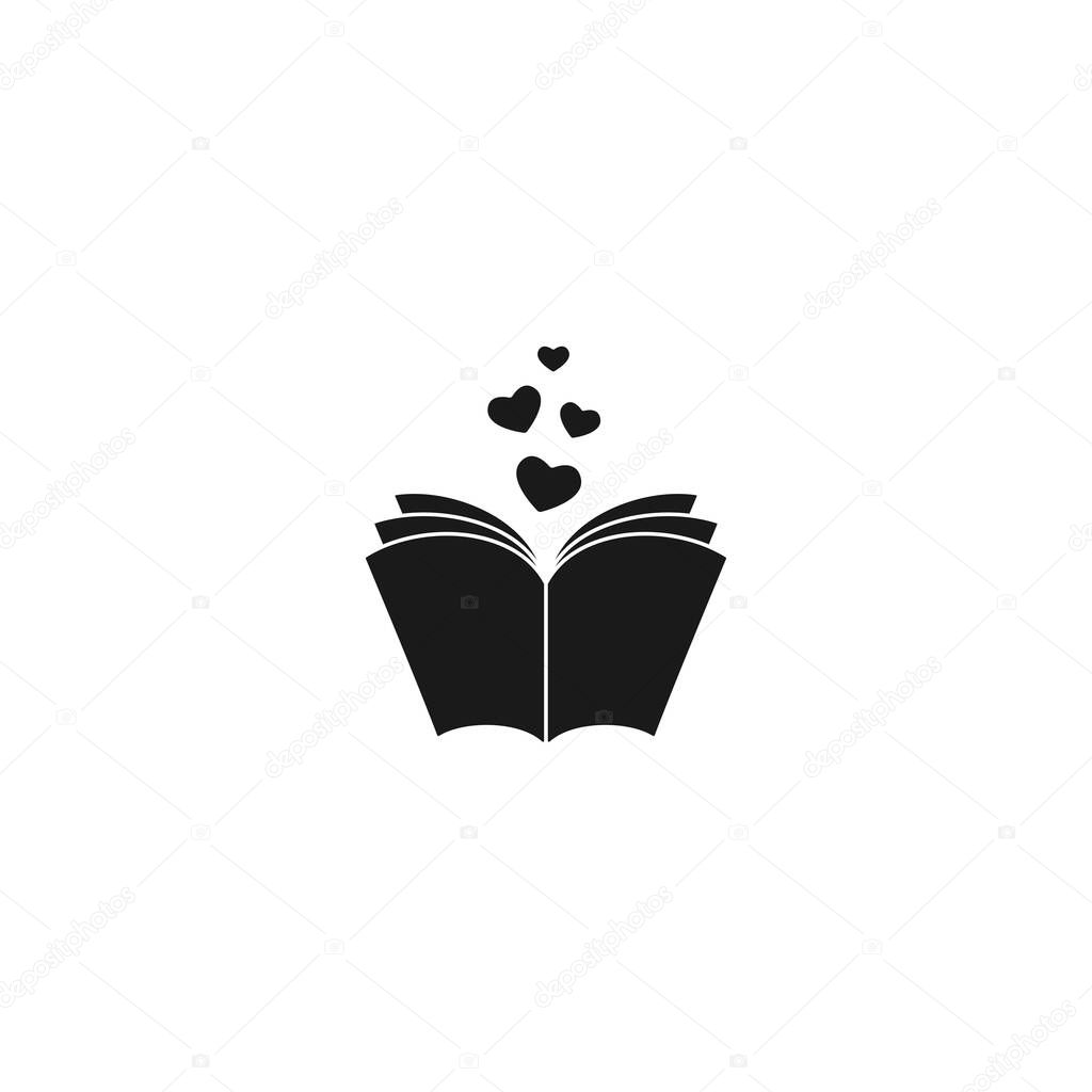 Open book with pages and hearts flying out. Isolated on white background. bibliophile flat icon. Vector illustration. Love reading logo. Romantic book pictogram. Black and white.