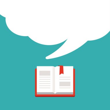 Kırmızı kitap kapaklı ve konuşma baloncuklu kitap ayracı açık. Turkuaz arka planda izole edilmiş. Düz okuma simgesi. Vektör çizimi. alıntı logosu.