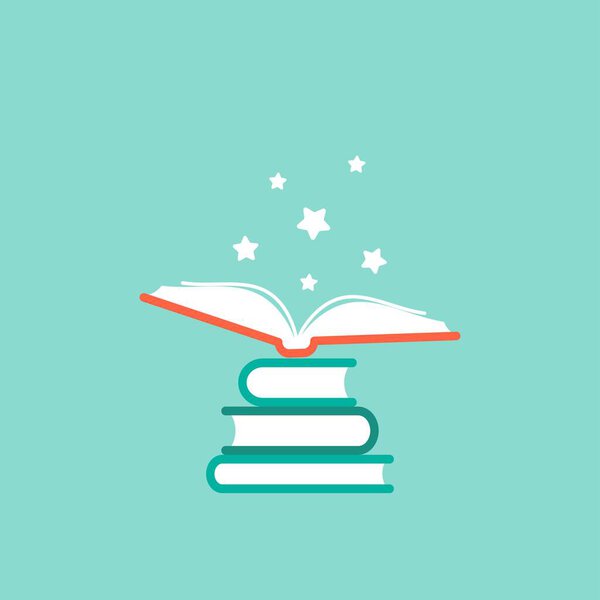 стопка книг и открытая книга с белыми звёздами. Изолирован на синем фоне. Плоская иконка. Векторная иллюстрация. Волшебный логотип чтения. Сказочная пиктограмма. Детская книга. Знание.