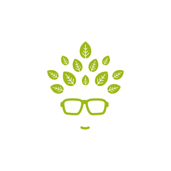 Silhueta Verde Cabeça Homem Óculos Hipster Com Folhas Cabelo Lema —  Vetores de Stock
