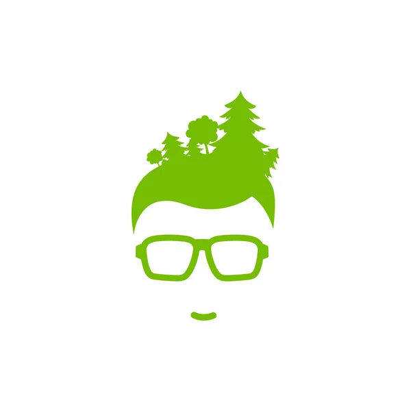 髪の毛の森とヒップスターメガネの男の頭のシルエット 木の緑のアバター 生態学と自然愛 環境に優しい 緑の概念を行く 白に隔離されてる ベクトル平図 — ストックベクタ