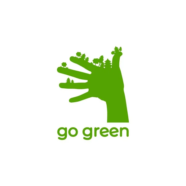 Silhouette Verde Foresta Mano Sulle Dita Cartello Ecologia Con Alberi — Vettoriale Stock