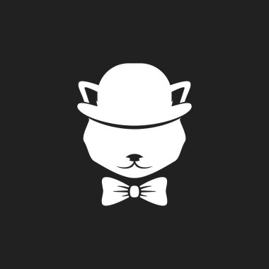 Siyah üzerine ayrılmış papyonlu ve melon şapkalı bir kedi kafası. Sert, centilmen, mafya kavramı. hipster avatarı. Vektör düz çizim. hipster avatarı. Beyler. Retro parti logosu.