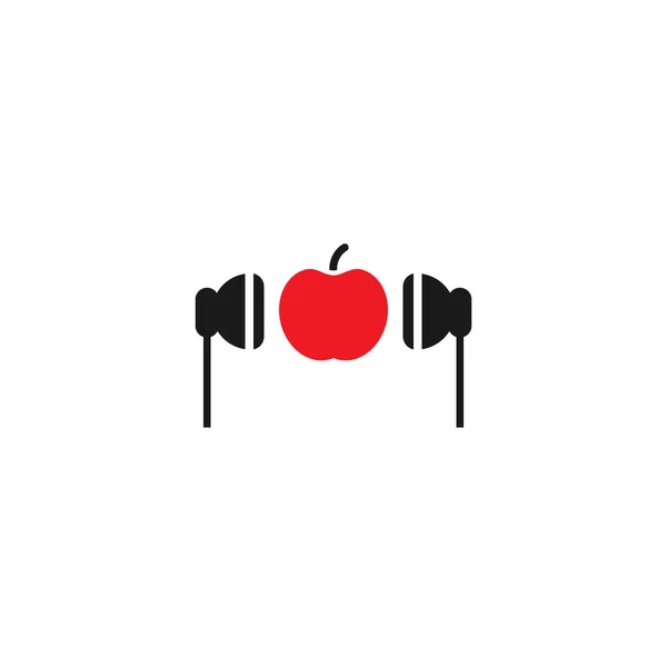 Black Headphones Red Apple Icon Flat Vector Earphones Isolated White — Stock Vector