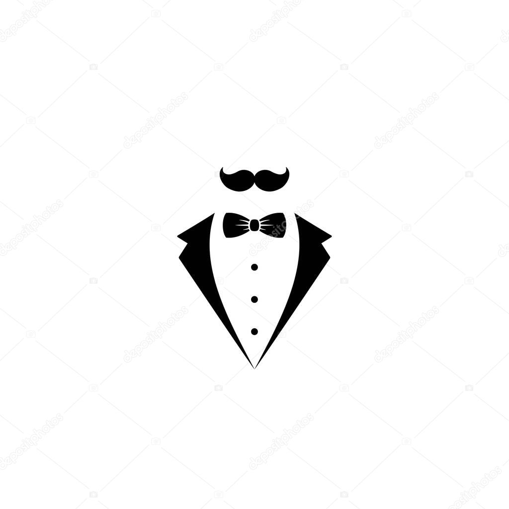 Gentleman avatar isolated on white background. mustaches, bow tie and black suit or tuxedo. Party, gala evening, ball, wedding symbol. Isolated on white. Vector flat illustration.