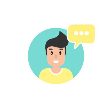 Mavi arka planda konuşma balonu olan mutlu bir kız. Konuşmak, sohbet mesajı, iletişim, kurye konsepti. Beyaz arkaplanda düz vektör çizimi. İpuçları ve renkler. Sorular ve cevaplar.