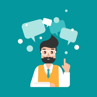 Konuşma baloncukları olan öğretmen ya da öğretmen. İnternet öğrenimi. Çevrimiçi uzaktan eğitim. Web çalışması, okul sohbeti, web sitesi, tartışma, forum. Video dersleri.