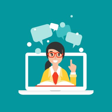 Beyaz dizüstü bilgisayar monitörü, sevimli gülümseyen öğretmen ya da hocası ekranda ve hoparlör baloncukları. İnternet öğrenimi. Çevrimiçi uzaktan eğitim. Web çalışması, okul sohbeti, web sitesi, tartışma, forum. Video dersleri.