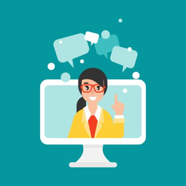 Beyaz bilgisayar monitörü, sevimli gülümseyen öğretmen ya da hocası ekranda ve hoparlör baloncukları. İnternet öğrenimi. Çevrimiçi uzaktan eğitim. Web çalışması, okul sohbeti, web sitesi, tartışma, forum. Video dersleri.