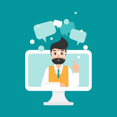 Beyaz bilgisayar monitörü, sevimli gülümseyen öğretmen ya da hocası ekranda ve hoparlör baloncukları. İnternet öğrenimi. Çevrimiçi uzaktan eğitim. Web çalışması, okul sohbeti, web sitesi, tartışma, forum. Video dersleri.