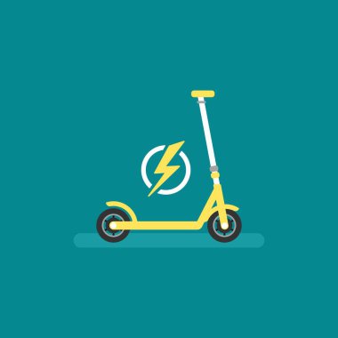 Sarı elektrikli scooter ya da yıldırım ikonlu dengeli bisiklet. Düz itme scooter 'ı mavi yolda izole edildi. Vektör şarj çizimi. Çevre taşıma sembolü. Sağlıklı bir yolculuk. Ekoloji. Hippi..