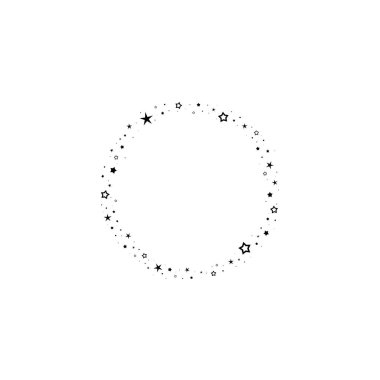 Yıldızlı yuvarlak bir tatil çerçevesi ve beyaz arka planda ışıltılı noktalar. Metin için Starry Circle etiketi. Kart, davet, duvar kağıdı için vektör arkaplanı.