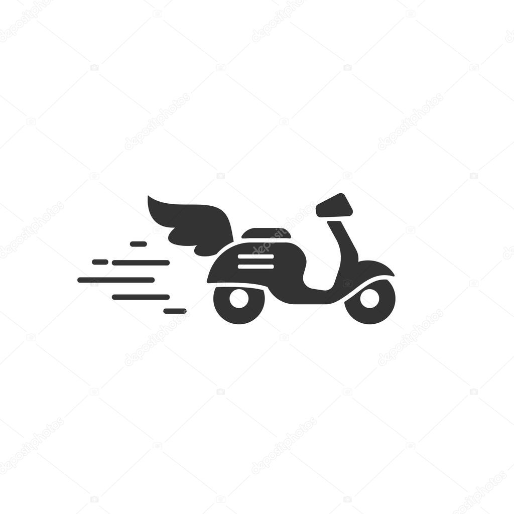 Black line retro scooter or motorbike with wings. Flat vector illustration isolated on white. Fast Delivery, transport symbol. Healthy journey. Ecology. Go green. Hipster.