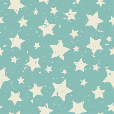 Değişik dönüş ve boyutlarda bej yıldızlı kusursuz soyut desen. Grunge yıldızı turkuaz arka plan. Vektör çizimi. Enkaz parçacıklarıyla kozmos dokusu. Retro, soluk, grunge dokusu