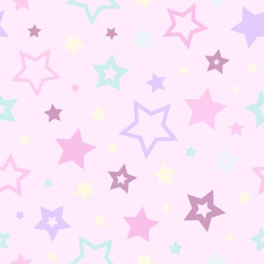 Beyaz arka planda kırmızı, mavi ve yeşil yıldızlı kusursuz soyut desen. Sihirli tatil vektör süsü. Kağıt, ambalaj ve kumaş için kozmos dokusu.