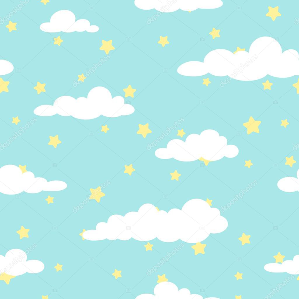 Seamless cartoon background with white clouds and golden stars on turquoise sky. Magic pattern. Vector illustration. Childish cute wallpaper.